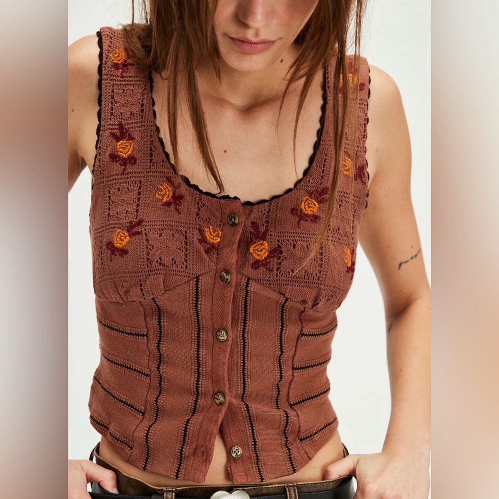 Free People Brown Embellished Bustier Tank Top